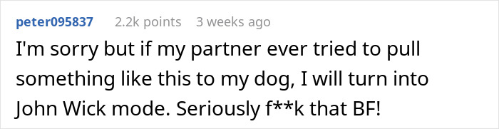 Screenshot of an online comment strongly reacting to a boyfriend trying to stealthily euthanize his girlfriend&rsquo;s dog.