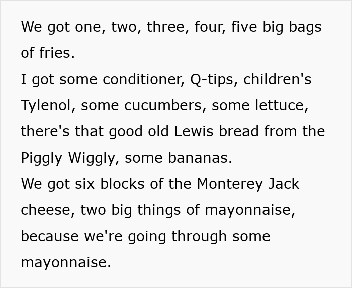 American family grocery haul with fries, conditioner, bread, bananas, cheese, mayonnaise, cucumbers, and lettuce items.