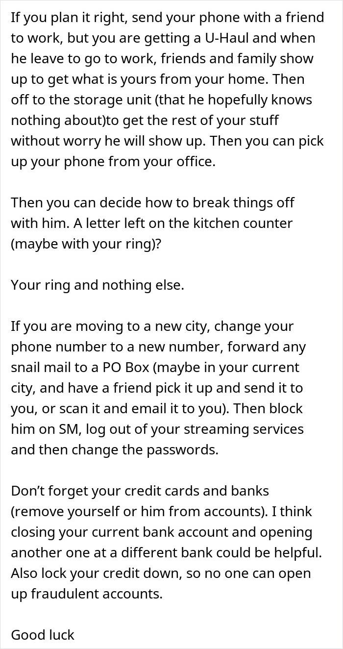 Text advice on handling phone calls, moving, and securing credit cards after a woman goes shopping missing fiance calls.
