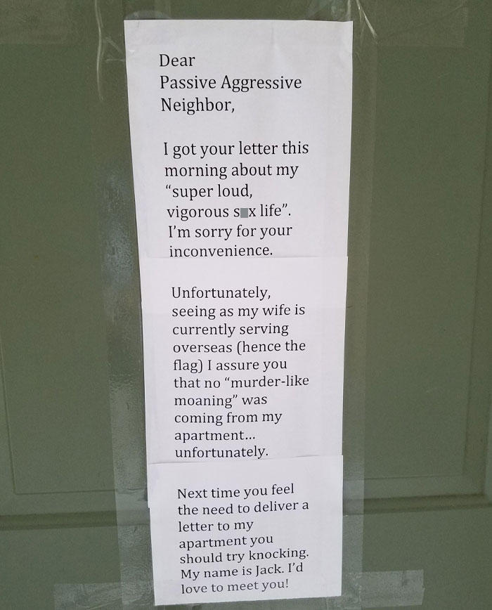 Note from a neighbor responding to complaints, illustrating unhinged neighbors’ notes that make living among people hard but never boring.