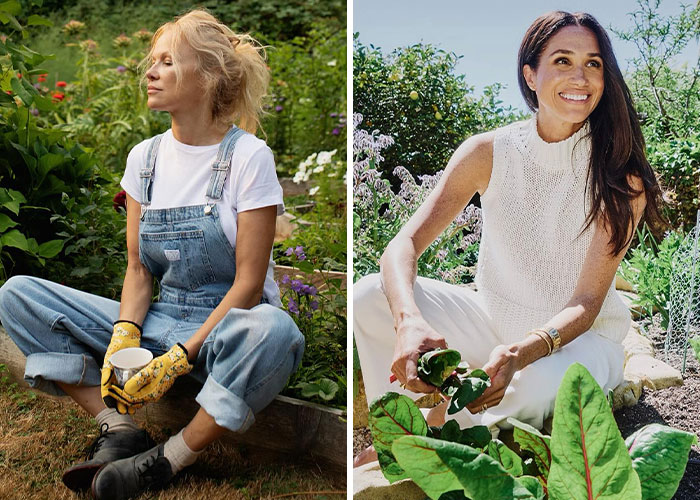 Pamela Anderson and Meghan Markle gardening outdoors, discussed in context of cooking show accusations and fan reactions. - 11