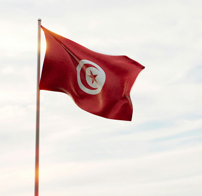Red flag with white crescent and star symbol fluttering against a cloudy sky, representing mid-air parasailing scene. - 3