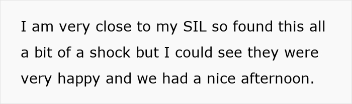 Text on a white background reads about being close to sister-in-law, shocked but happy about events at a family BBQ.