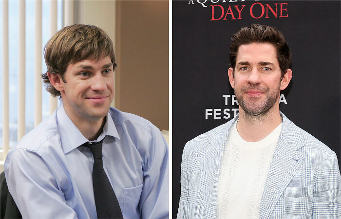 Split image showing The Office cast member John Krasinski as Jim Halpert on the left and him at a recent event on the right.