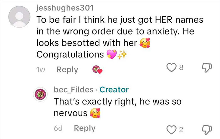 Screenshot of social media comments discussing a bride&rsquo;s reaction to groom saying his ex&rsquo;s name during vows.