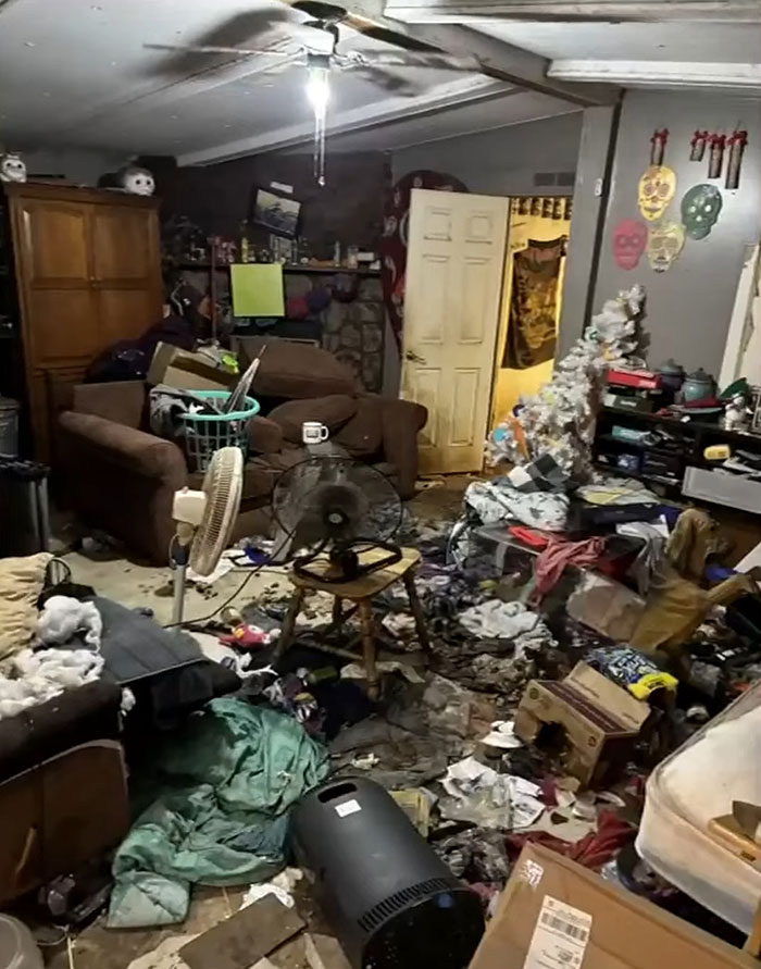 Cluttered and dirty living room showing neglect in Florida home linked to mother abandoning child and seven dogs.