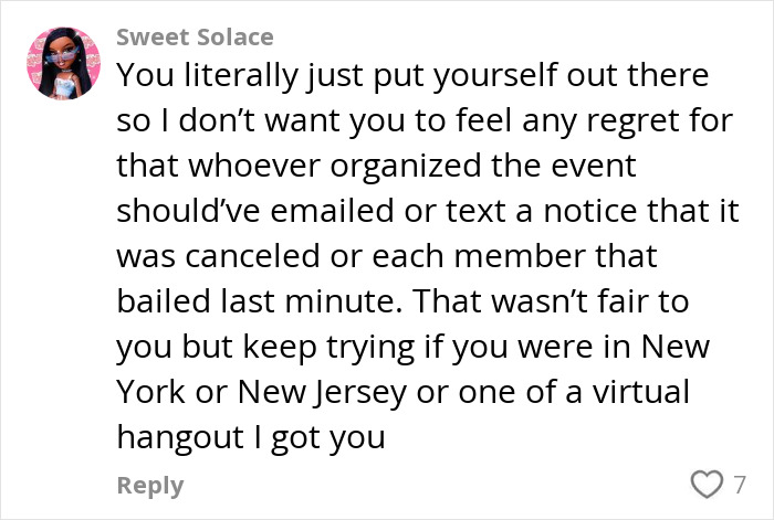 Social media comment supporting a woman who joined an anti-loneliness club to make new friends.