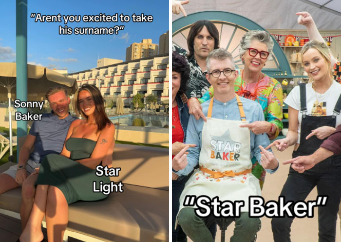 Couple joking about adopting a married surname and a group pointing at a man wearing a Star Baker apron, highlighting surname humor.