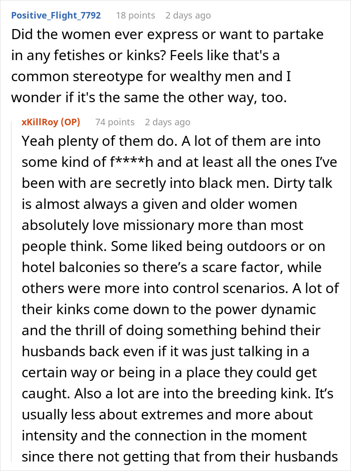 Reddit conversation discussing kinks and preferences shared by wealthy married women with a paid companion.