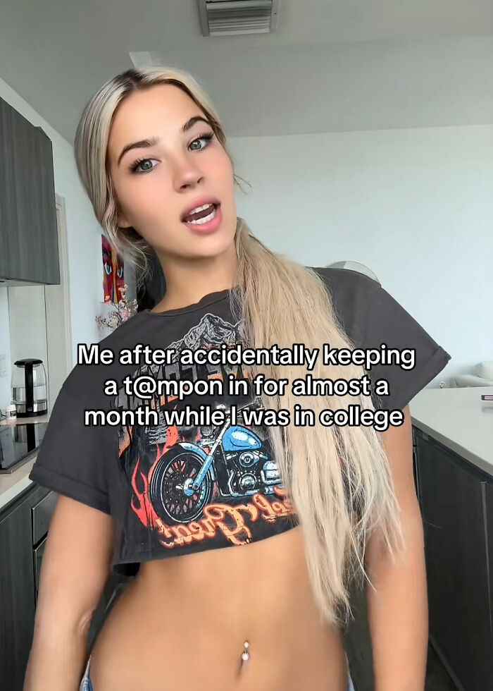 Young woman sharing her story about accidentally leaving a tampon inside for a month in a casual home setting.