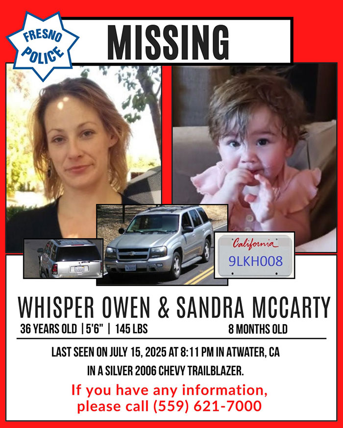 Missing mom and baby last seen in silver 2006 Chevy Trailblazer, found a month after doctor's appointment in Atwater, CA. Missing mom and baby last seen in silver 2006 Chevy Trailblazer, found a month after doctor's appointment in Atwater, CA.