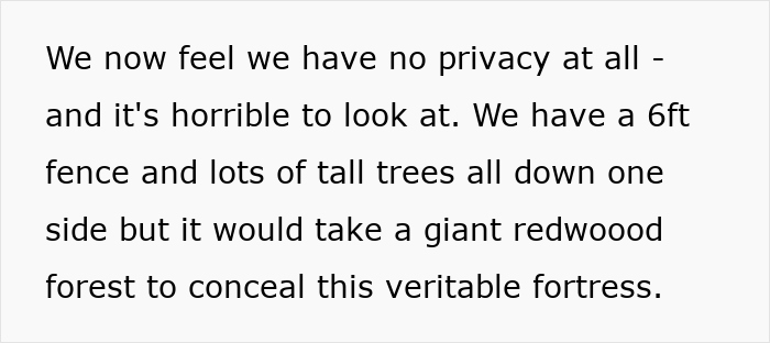 Text excerpt describing frustration over lack of privacy due to a neighbor's large playhouse overshadowing the house.