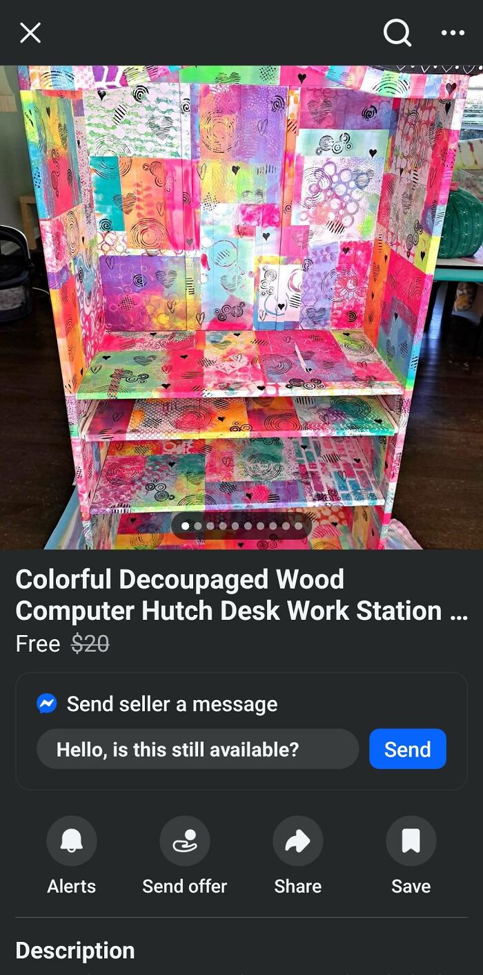 Colorful decoupaged wood computer hutch desk with bright patterns and abstract shapes, an example of craft shaming DIY projects.