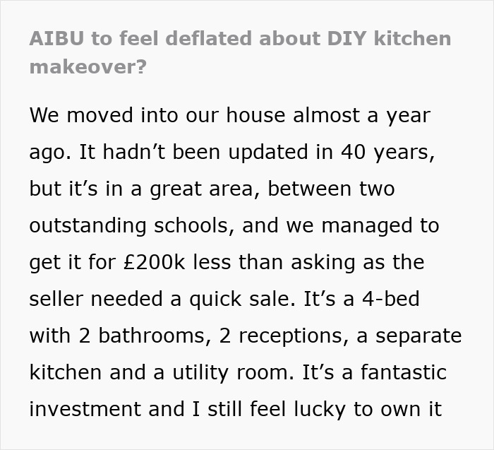 Text excerpt from a DIY kitchen makeover story highlighting a woman&rsquo;s efforts and her husband&rsquo;s lack of involvement.