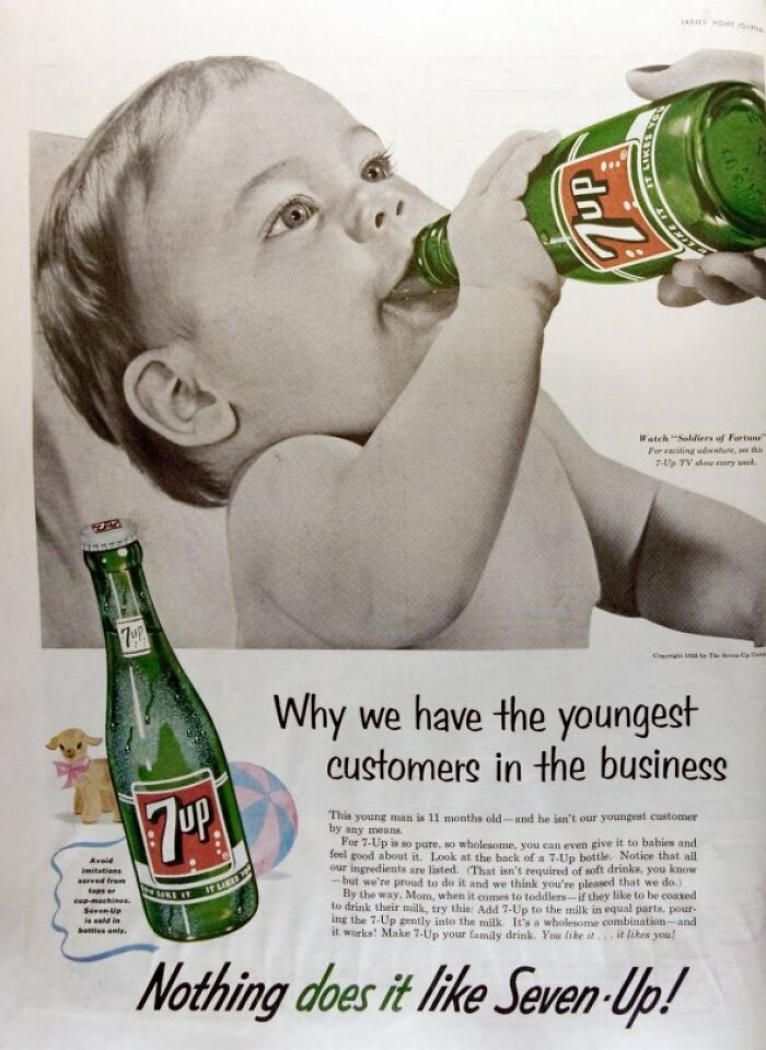 Vintage advertisement showing a baby drinking from a 7-Up bottle, illustrating fascinating vintage advertisements today.