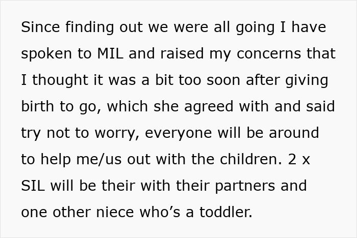 Text discussing a guy telling pregnant wife he will go with the 2-year-old after she refuses postpartum trip planning.