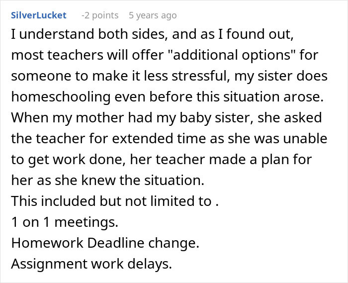 Comment discussing expectations around babysitting and homeschooling impacting school attendance and teacher accommodations.