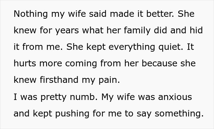 Man learns his wife’s family secretly cyber-bullied him, causing pain and leading to banning them from seeing his son. - 17