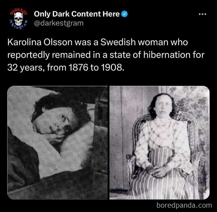 Screenshot from darkestgram Instagram sharing a creepy story about a woman in hibernation for 32 years, dark spooky content.