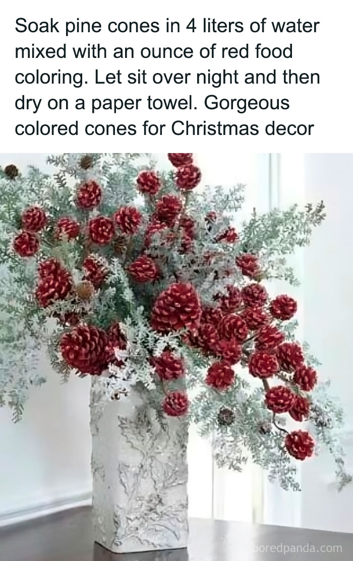 Red pine cones soaked in colored water drying on paper towel, showcasing ingenious crafty ideas for Christmas decor.
