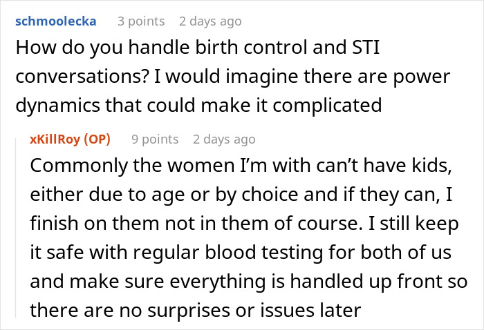 Reddit conversation where a paid companion discusses experiences with wealthy married women and handling STI and birth control talks.