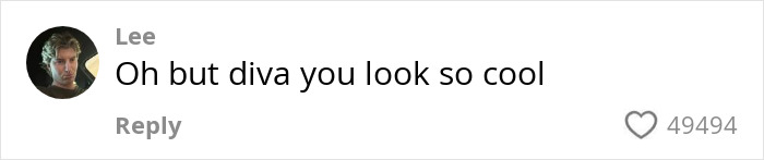 Comment by Lee saying oh but diva you look so cool in a social media post about mom with over 30 tattoos.