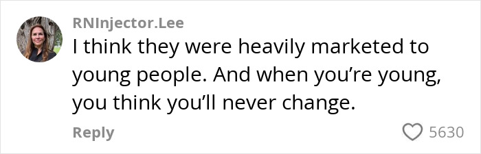 Comment by RNInjector.Lee discussing how tattoos are marketed to young people who think they will never change.
