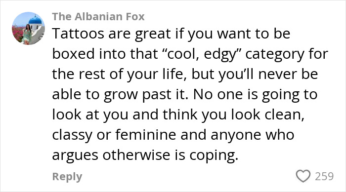 Comment discussing tattoos and their impact on perception, sparking debate on tattoos and regret among moms.