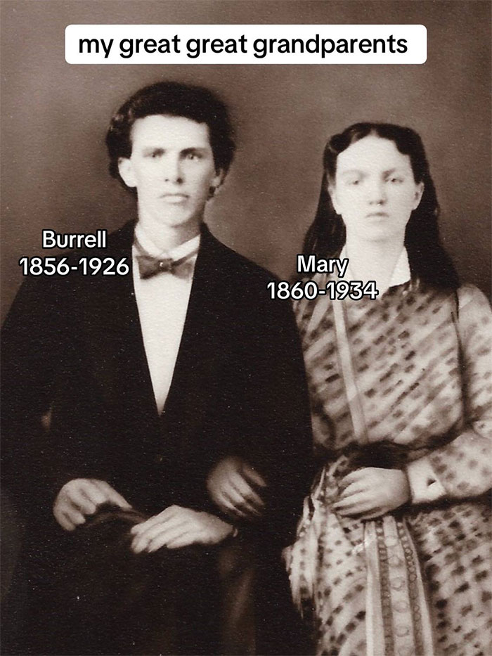Vintage photo of great great grandparents Burrell and Mary with dates, representing family historian and family tree research.