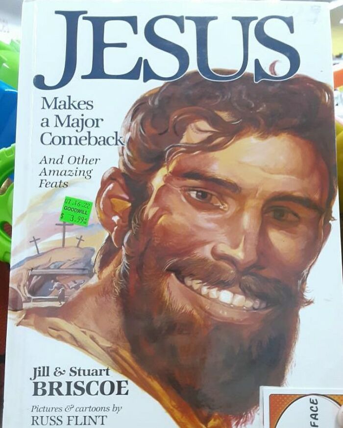 Book cover depicting a smiling Jesus with a thrift store price tag, one of the most bizarre thrift store finds.