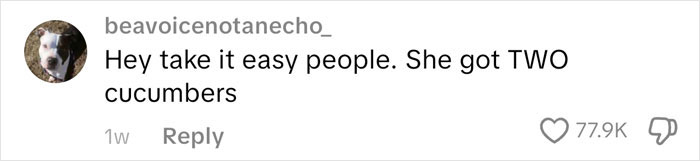 Comment on social media about someone buying two cucumbers, related to an American family grocery haul discussion.