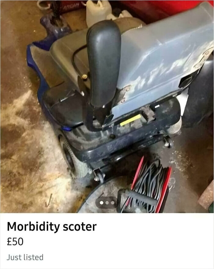 Used mobility scooter with a humorous typo spelling it as morbidity scoter, highlighting common spelling errors.