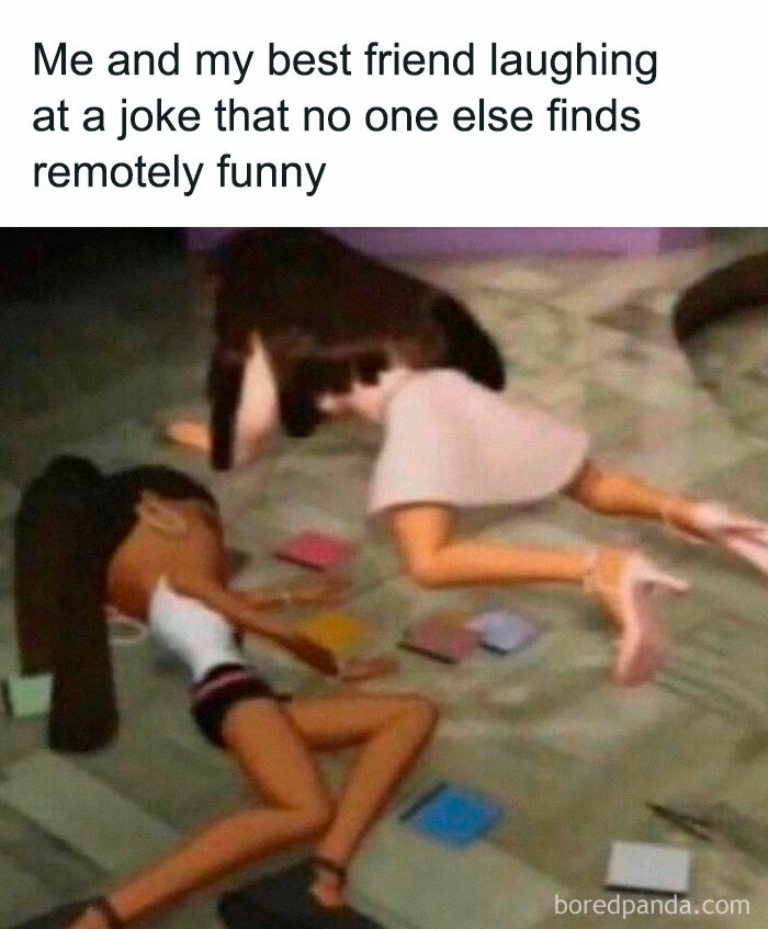 Two animated characters laughing together on the floor, representing introvert-worthy memes about close friendships.