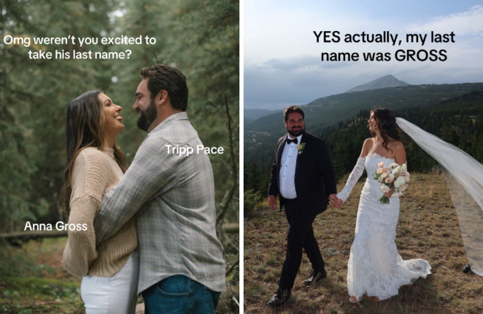 Couples humorously discuss the married surname trend, highlighting funny reactions to taking or keeping last names.