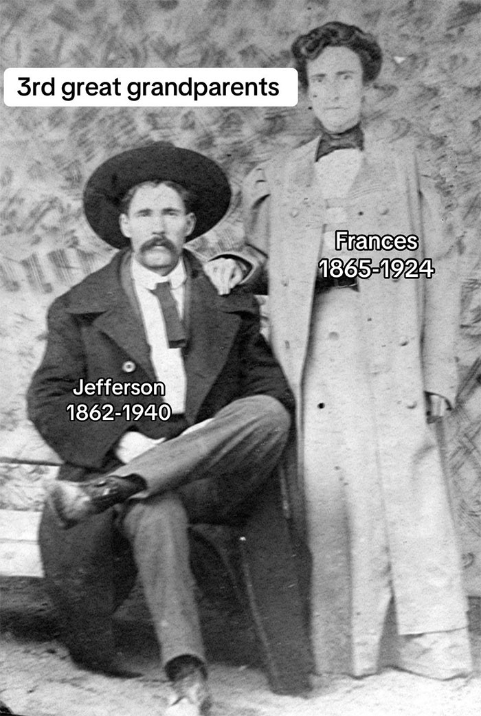 Black and white photo of 3rd great grandparents Jefferson and Frances from the family historian&rsquo;s genealogy collection.