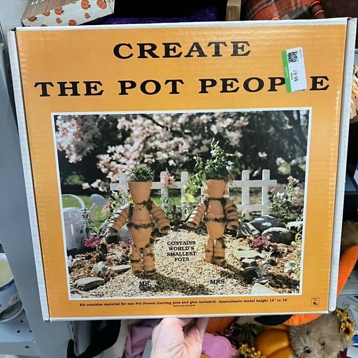 Vintage thrift store kit for creating pot people with miniature plant pots, featuring quirky and bizarre garden decor ideas.