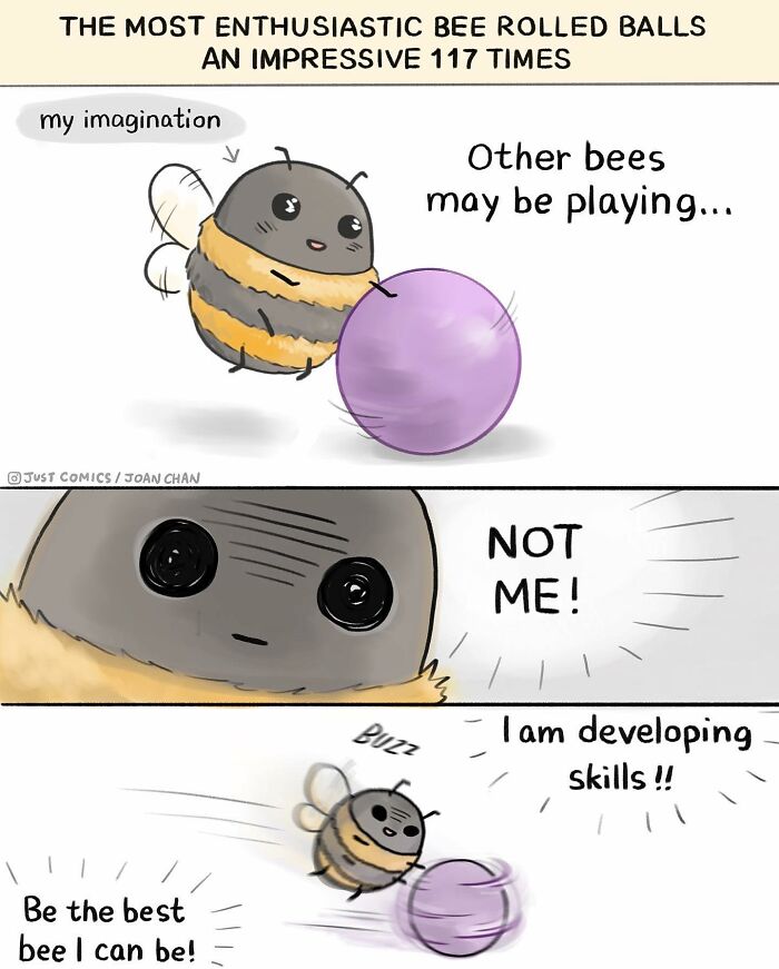 Illustration from artist created comics showing younger bees playing happily while older bee sits sadly alone.