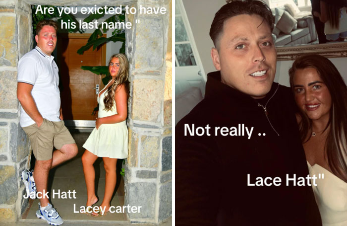 Couple humorously discussing the married surname trend in casual settings, highlighting funny reactions to name changes.