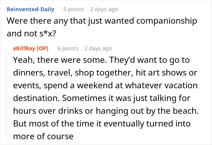 Reddit thread discussing experiences with paid companions and wealthy married women seeking companionship beyond intimacy.