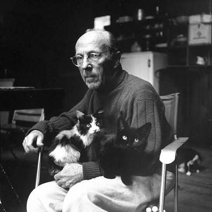 Vintage black and white photo of a man sitting with two cats, capturing vintage cat moments and feline charm.