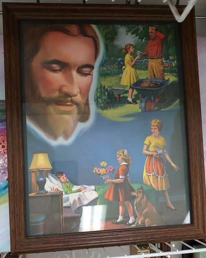 Framed vintage painting found at thrift store depicting a boy in bed, a girl with flowers, a woman, and a large Jesus face.