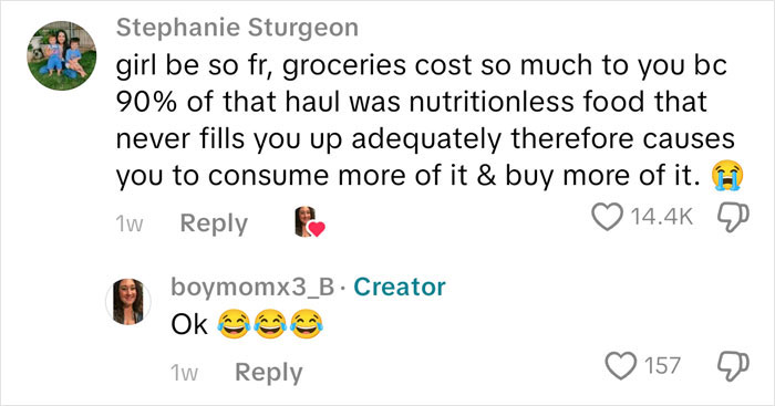 Commenters discussing the high cost of groceries and nutrition in an American family grocery haul video.