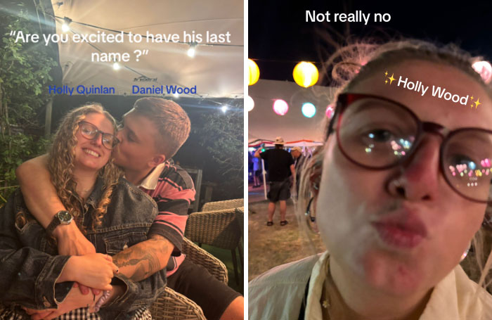 Couple sharing a funny moment about married surname change with playful text and nighttime outdoor setting.