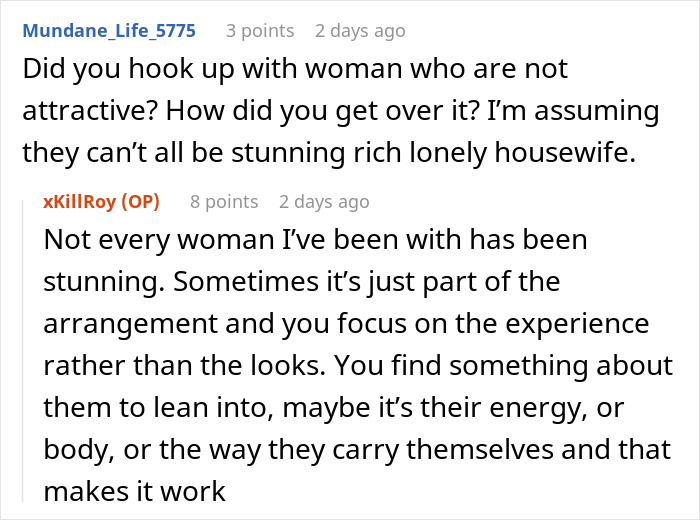 Screenshot of an online conversation about experiences with wealthy married women as a paid companion.
