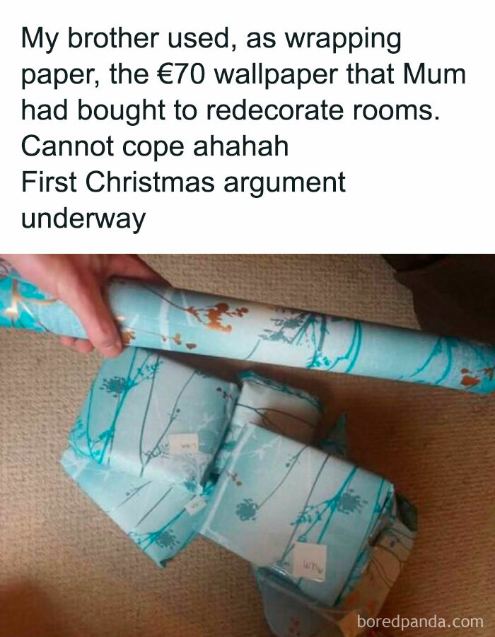 British meme tweet about using expensive wallpaper as wrapping paper sparking a Christmas argument in a chaotic British memes style.