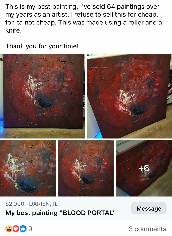 Abstract red and black painting DIY project displayed for sale, highlighting craft shaming and horrendous DIY projects.