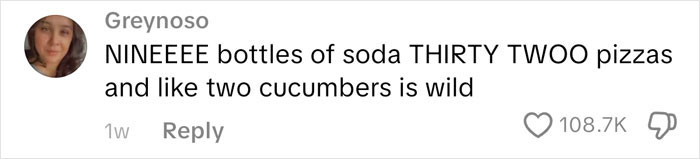 Social media comment about a large grocery haul including soda, pizzas, and cucumbers in an American family grocery haul context.