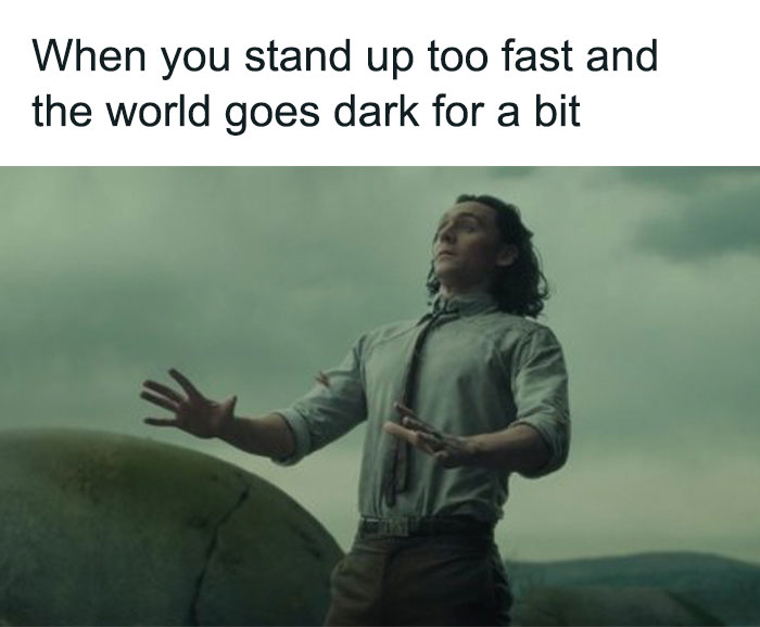 Scene from Loki meme showing a man standing unsteady with text about the world going dark, funny memes for cinephiles.