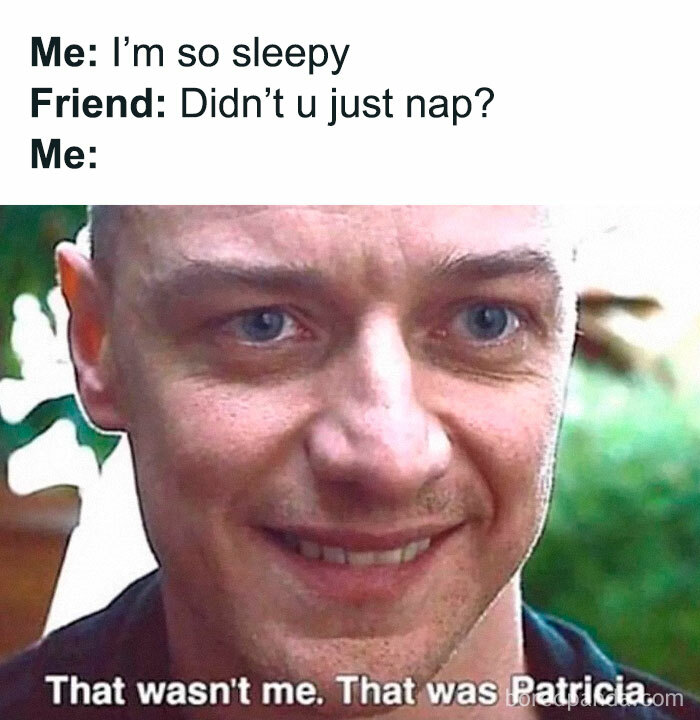 Close-up of a man smiling awkwardly in a funny introvert-worthy meme about feeling sleepy after a nap.