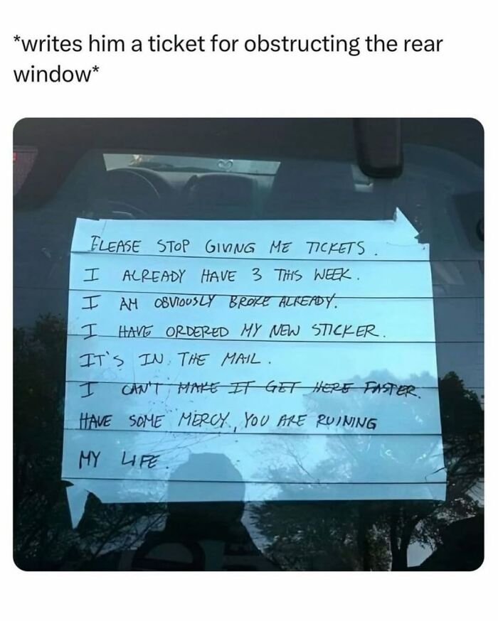 Handwritten note on car rear window about tickets, featured in entertaining posts and memes to help fight boredom.